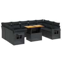 10-delige Loungeset met kussens poly rattan zwart - thumbnail