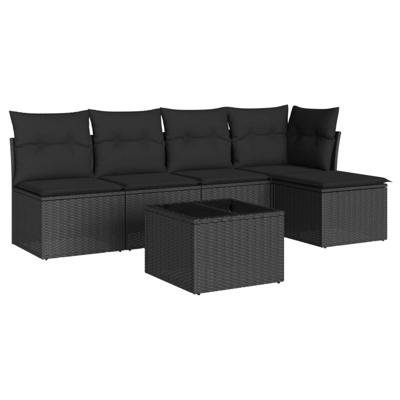 5-delige Loungeset met kussens poly rattan zwart - thumbnail