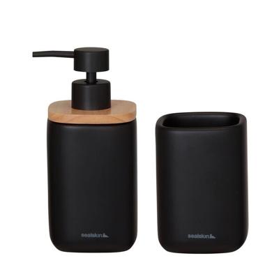 Badkamerset - Zeepdispenser 200 ml / Tandenborstelbeker Sealskin Mind Zwart Badkamerset - Zeepdispenser 200 ml / Tandenborstelbeker Sealskin Mind Zwart