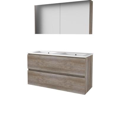 Basic Comfort 46 badmeubelset met spiegelkast, greeploze wastafelonderkast, 2 lades en porseleinen wastafel met 2 kraangaten 120 x 46 cm, scotch oak Basic Comfort 46 badmeubelset met spiegelkast, greeploze wastafelonderkast, 2 lades en porseleinen wastafel met 2 kraangaten 120 x 46 cm, scotch oak