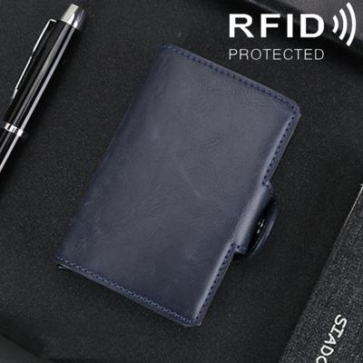 X-7 Antimagnetic RFID Multi-functional Aluminum Crazy Horse Texture Leather Card Bag Wallet(Dark Blue)
