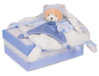 Vierkante knuffel 27 cm petit chou beer - DOUDOU ET COMPAGNIE blauw