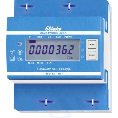 Eltako DSZ14WDRS-3x5A MID 28305712 kWh-meter 3-fasen met S0-interface Digitaal 5 A Conform MID: Ja 1 stuk(s) Eltako DSZ14WDRS-3x5A MID 28305712 kWh-meter 3-fasen met S0-interface Digitaal 5 A Conform MID: Ja 1 stuk(s)