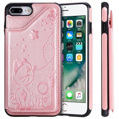 Voor iPhone 8 plus/7 plus Kat Bee reliëf patroon schokbestendige beschermende case met kaartsleuven & fotolijstjes (Rose goud) Voor iPhone 8 plus/7 plus Kat Bee reliëf patroon schokbestendige beschermende case met kaartsleuven & fotolijstjes (Rose goud)
