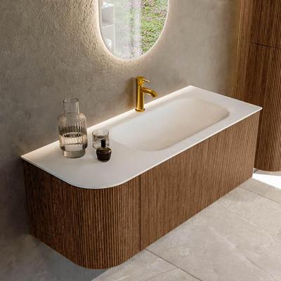 Mondiaz KURVE 115 cm Onderkast Greeploos 1 Lade Met Deuren Walnut, Wastafel Solid Surface Rechts Talc 1 Kraangat Zonder Spiegel (KRVBGS115L1L1D1KR-Wal/Tal)
