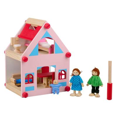 Houten Poppenhuis met Accessoires, 30dlg. Houten Poppenhuis met Accessoires, 30dlg.