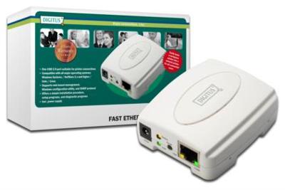 DIGITUS USB 2.0 Fast Ethernet Print Server, 1-Port, 1x USB A, 1x RJ45, Wit