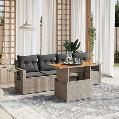 5-delige Loungeset met kussens poly rattan grijs - thumbnail