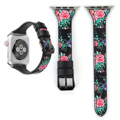 Letter T vorm eenvoudig Floral lederen pols horloge Band met roestvrij stalen gesp voor Apple Watch serie 3 & 2 & 1 42mm (zwart)