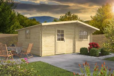 Blokhut Cantabria | 44mm | 595x535 cm +luifel 60 cm | Grijs geïmpregneerd- Zadeldak- Geïmpregneerd vurenhout- Van Kooten