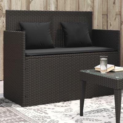 Tuinbank met kussens poly rattan zwart