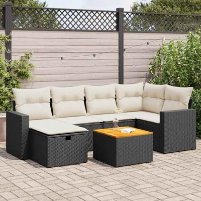 7-delige Loungeset met kussens poly rattan zwart - thumbnail