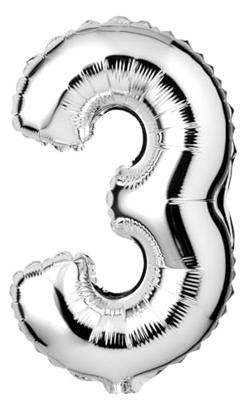 Folie ballon nummer &apos;3&apos; zilver 40cm