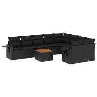 10-delige Loungeset met kussens poly rattan zwart - thumbnail