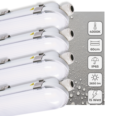 4 PACK - LED&apos;s Light Pro TL Armatuur Strip 60 cm - Energielabel B - IP65 waterdicht - 2650 lm