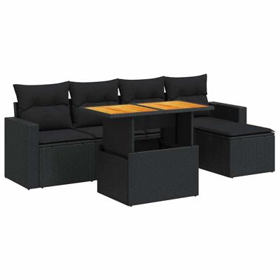 6-delige Loungeset met kussens poly rattan zwart