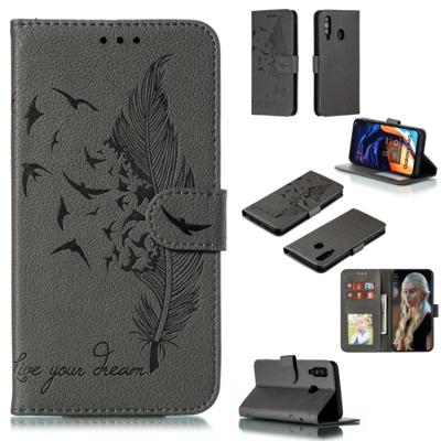 Feather patroon Litchi textuur horizontale Flip lederen draagtas met portemonnee & houder & kaartsleuven voor Galaxy A60 (grijs) Feather patroon Litchi textuur horizontale Flip lederen draagtas met portemonnee & houder & kaartsleuven voor Galaxy A60 (grijs)