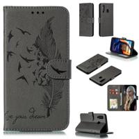 Feather patroon Litchi textuur horizontale Flip lederen draagtas met portemonnee & houder & kaartsleuven voor Galaxy A60 (grijs) - thumbnail