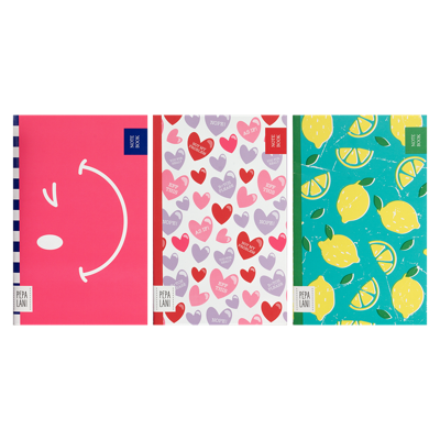 Pepa Lani Notitieboekjes Set van 3: Lentebloemen & Fruitige hartjes/citroen/knipoog