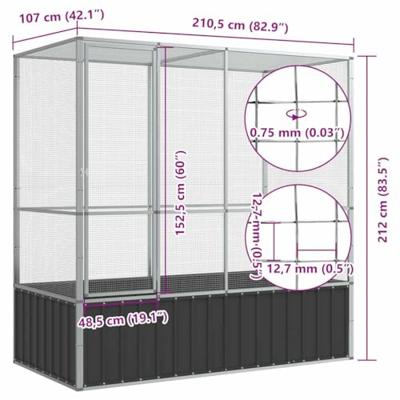 vidaXL Volière 210,5x107x212 m staal zilverkleurig, vogelvolière, papegaaienkooi, grote papegaaienkooi, parkietenkooi, grote vogelkooi, buitenvolière