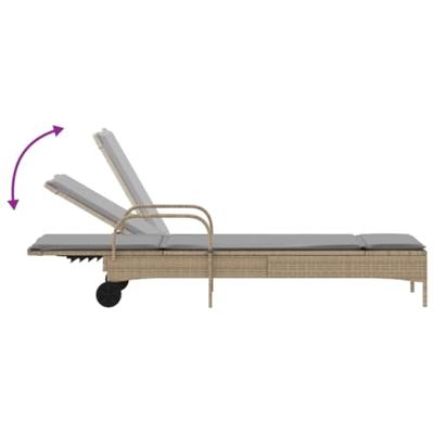 Ligbed met wielen en kussen poly rattan beige