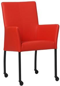 Felrode leren moderne eetkamerstoel Comfort - met armleuning poot vierkant zwart met wiel - Toledo Leer Ferrari (felrood leer)