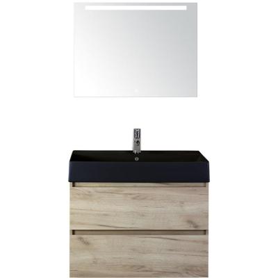 Maxx XL Badmeubelset 80 cm - Craft Oak - Wastafel Kube Zwart 1 Kraangat met LED Spiegel