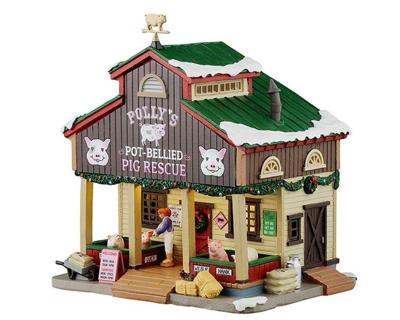 Lemax polly&apos;s pot-bellied pig rescue verlicht kersthuisje Harvest Crossing 2025