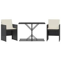 3-delige Bistroset met kussens poly rattan zwart - thumbnail