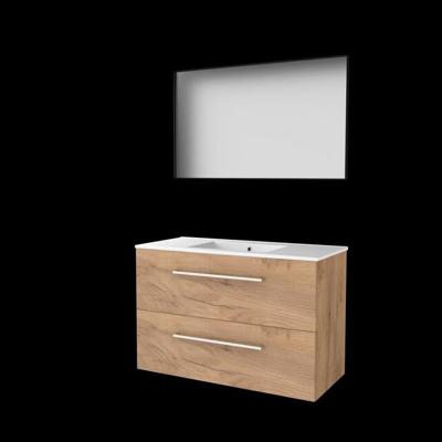 Basic-Line Framed 46 Badkamermeubelset - 100 x 46 cm - Met Grepen - 2 Lades - Keramische Wastafel - 1 Kraangat - Spiegel met Zwart Aluminium Frame - Whisky Oak