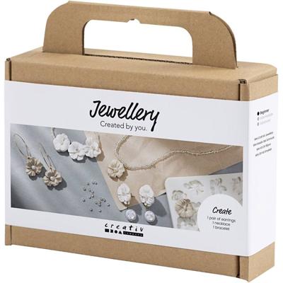 Creativ Company Mini hobbyset sieraden, oorbellen, armband en halsketting met bloemontwerp, beige, licht beige, beige, 1 doos Creativ Company Mini hobbyset sieraden, oorbellen, armband en halsketting met bloemontwerp, beige, licht beige, beige, 1 doos