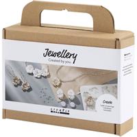 Creativ Company Mini hobbyset sieraden, oorbellen, armband en halsketting met bloemontwerp, beige, licht beige, beige, 1 doos - thumbnail