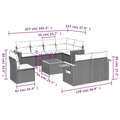 8-delige Loungeset met kussens poly rattan grijs
