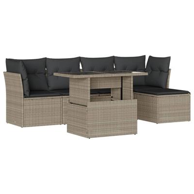 6-delige Loungeset met kussens poly rattan lichtgrijs