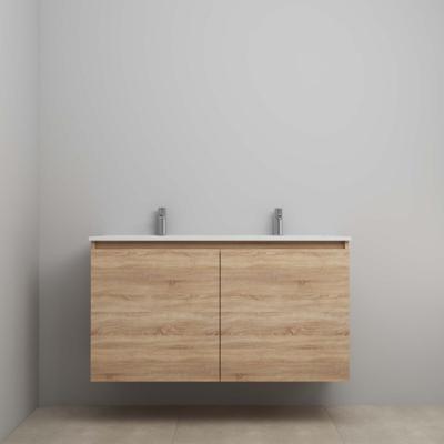 On-Line Onderkast - 120 cm - Voorgemonteerd - Greeploos 2 Deuren - Porseleinen Wastafel - 2 Kraangaten - Eiken