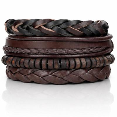 Heren armbanden Set Gevlochten leer Kralen Bruin