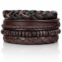 Heren armbanden Set Gevlochten leer Kralen Bruin - thumbnail