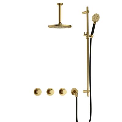 Hotbath Cobber X - CX7067 - Inbouw Regendoucheset - Geborsteld Messing PVD - 2 Stopkranen - Thermostatisch - Plafondbuis 15 cm - Hoofddouche 200 mm - Ronde Handdouche 3 Standen - Glijstang 900 mm - Waterbesparend