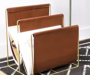 QUVIO Tijdschriftenrek van metaal en leer - Bruin met goud