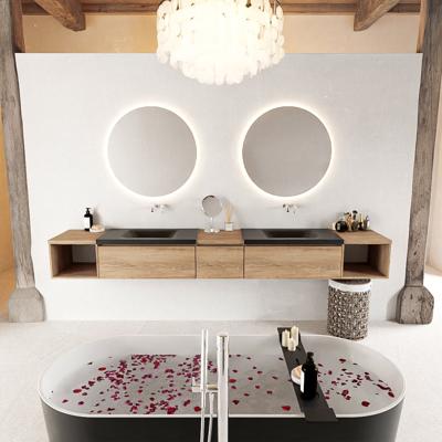 MONDIAZ BUKLA 280cm badmeubel met open module 40 L+R kleur Washed Oak met 3 lades. Wastafel CLOUD dubbel 0 kraangaten kleur Urban.