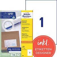 Avery-Zweckform 3478-200 Universele etiketten 210 x 297 mm Papier Wit 200 stuk(s) Permanent hechtend Laser (kleur), Laser (zwart/wit), Kopiëren (kleur), - thumbnail