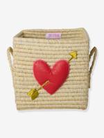 Raffia mandje met citroenborduurwerk en rice vierkante handgrepen beige - thumbnail