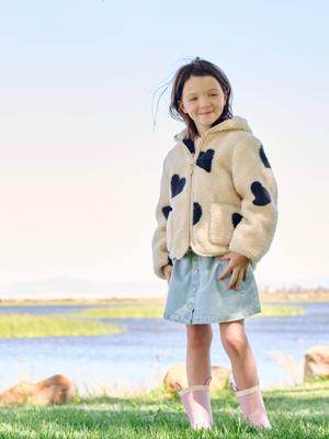 Sherpa vest met capuchon en bloemenprint voor meisjes ecru