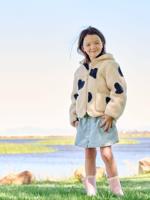 Sherpa vest met capuchon en bloemenprint voor meisjes ecru - thumbnail