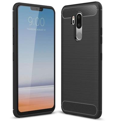 Voor LG G7 ThinQ geborsteld textuur koolstofvezel schokbestendige TPU terug beschermhoes (zwart)
