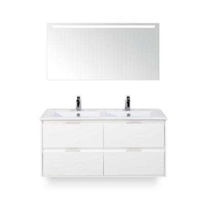 Porto Badmeubelset 120 cm - 4 laden Wit Hoogglans - Keramische Wastafel Wit Slim - met Sence Spiegel