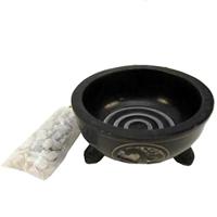 Wierookbakje Zwart Zeepsteen OHM met Witte Steentjes - thumbnail