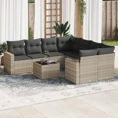 9-delige Loungeset met kussens poly rattan lichtgrijs