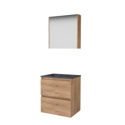 Basic-Line Comfort 46 Badkamermeubelset - 60 x 46 cm - Greeploos - 2 Lades - Hardstenen Wastafel - Zonder Kraangat - Spiegelkast - Whisky Oak
