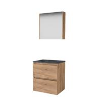 Basic-Line Comfort 46 Badkamermeubelset - 60 x 46 cm - Greeploos - 2 Lades - Hardstenen Wastafel - Zonder Kraangat - Spiegelkast - Whisky Oak - thumbnail